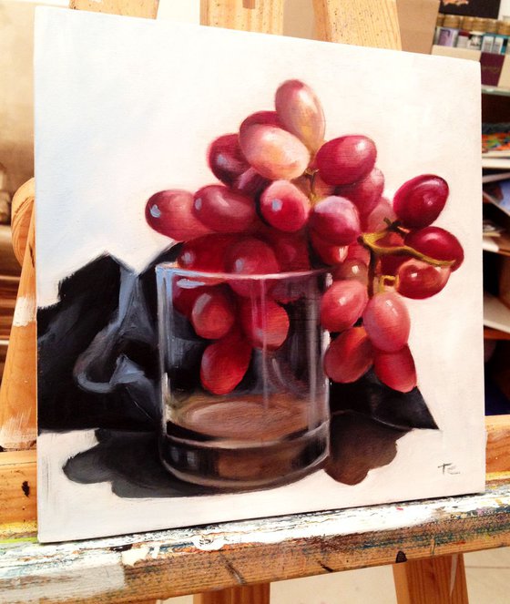 Glass of grape on white - original oil painting- 20 x 20 x 2 cm ( 8'x 8' x 0,8 ')