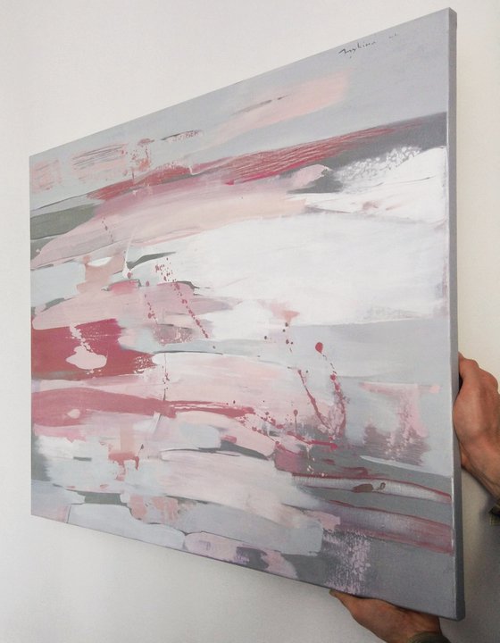 Abstraction "Elements of nature" 90x70 cm.| White, silver and rosy | Original oil painting