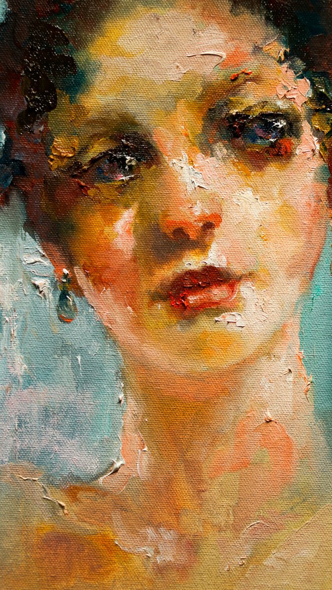 Impressionistic Portrait Oil Painting By Pavel Filin, 22 X 30", Girl With Red Scarf, Original Artwork