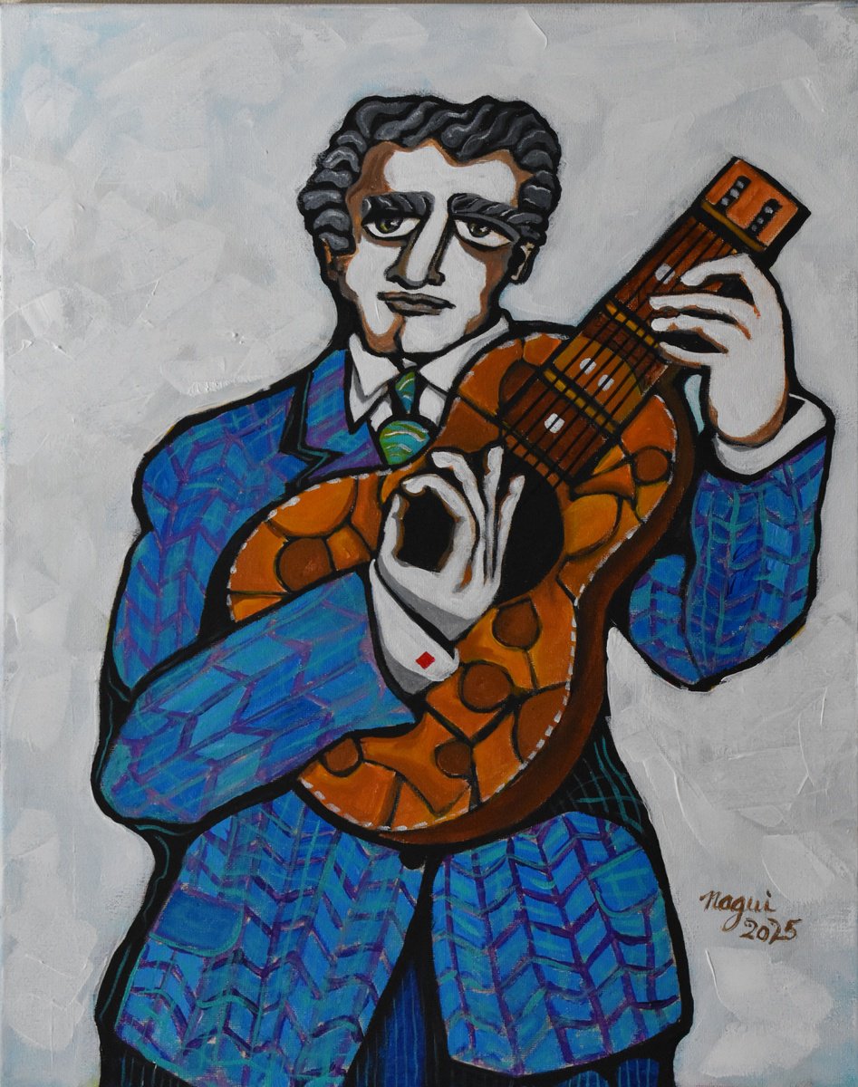 Expressive Portrait Acrylic Painting By Nagui, 16 X 20", Guitarist 525, Original Artwork