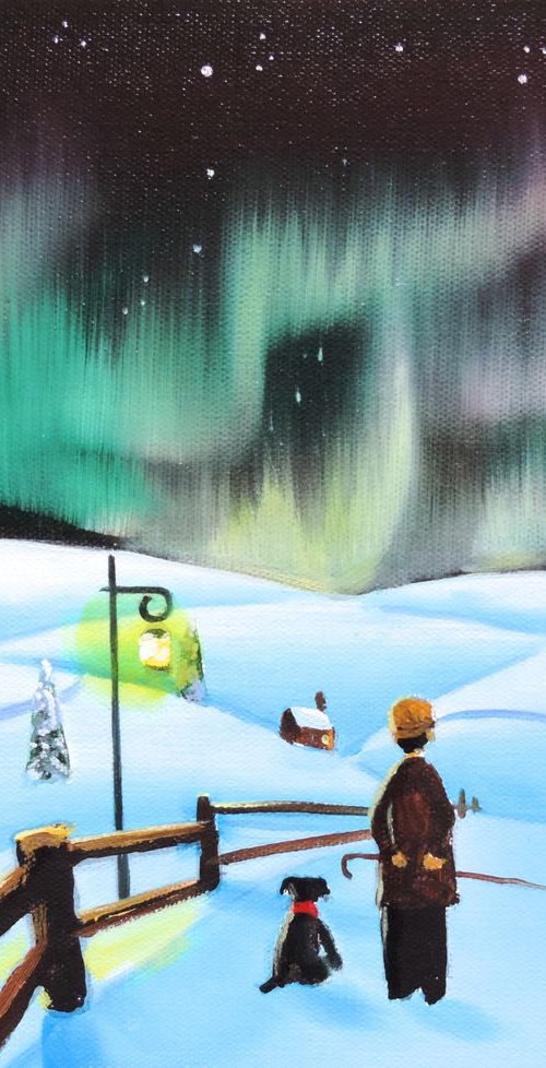 Northern lights Man and dog by Gordon Bruce