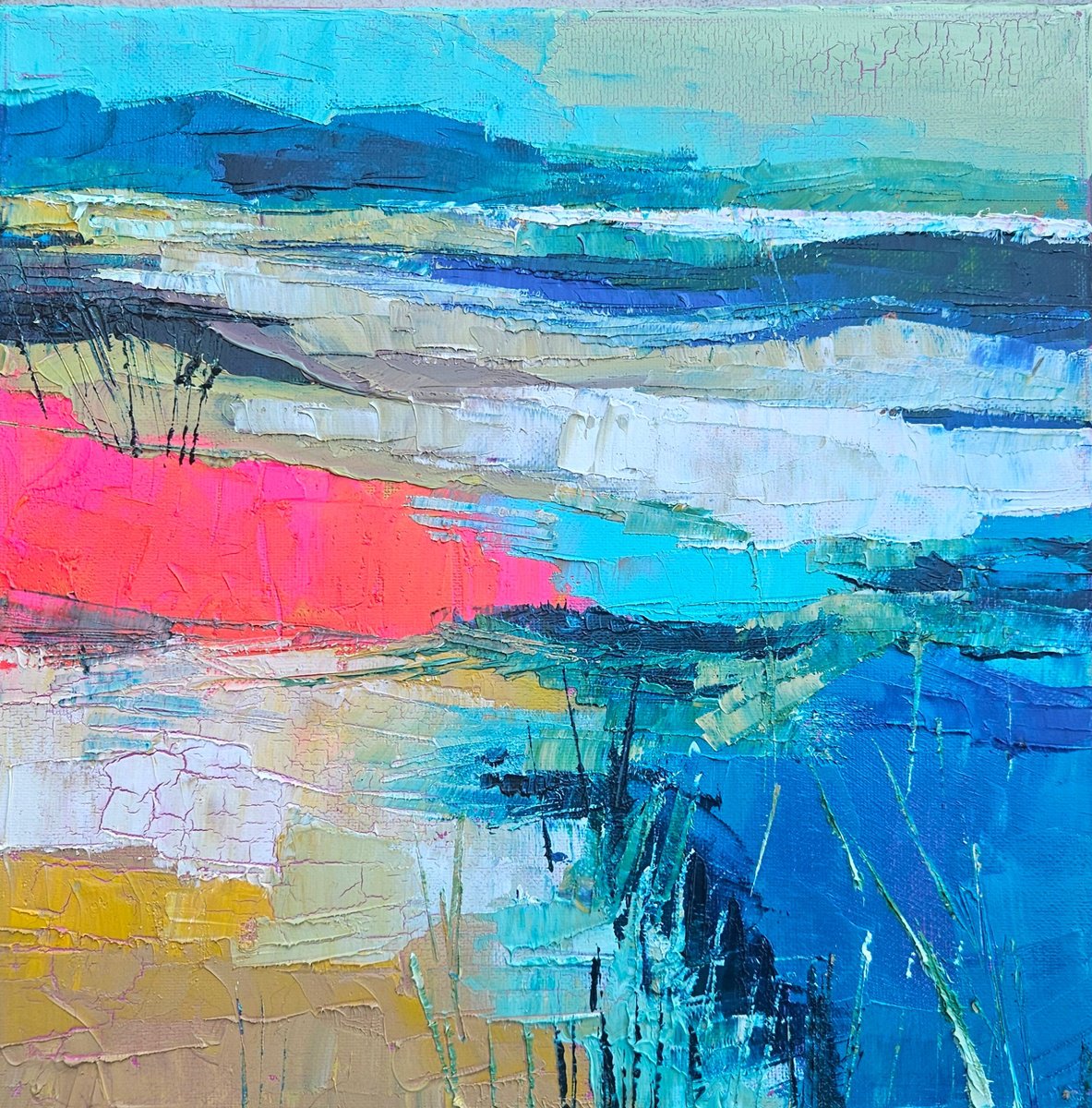 Impressionistic Landscape Oil Painting By Simon Tunde, 12 X 12", Horison 3., Original Artwork