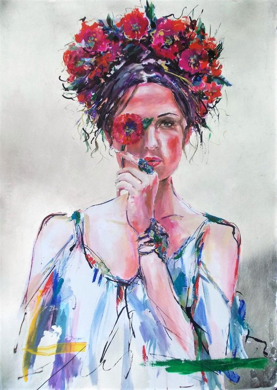 Modern Frida - Woman portrait acrylic mixed media painting on paper