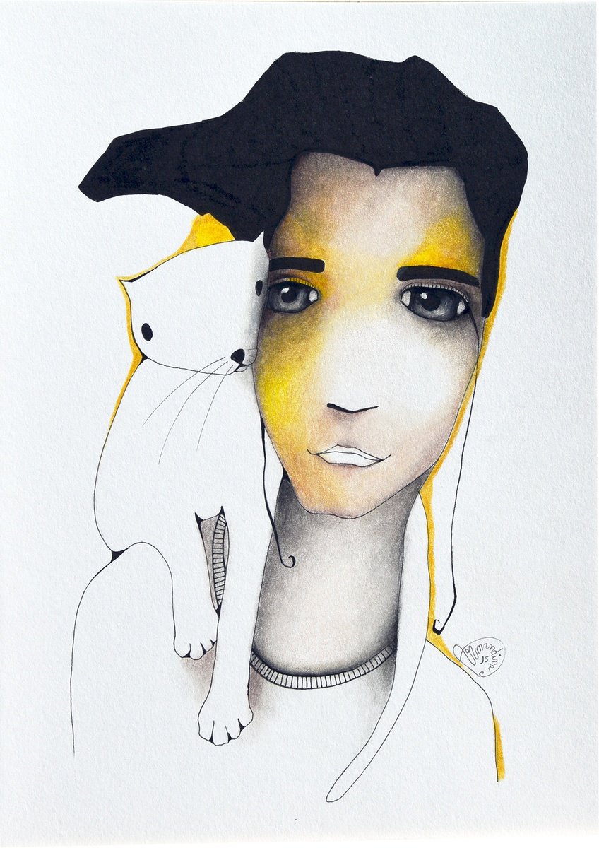 Illustrative Portrait Pencil Drawing By Armandine Js, 8 X 12, Invasion Feline 10, Original Artwork