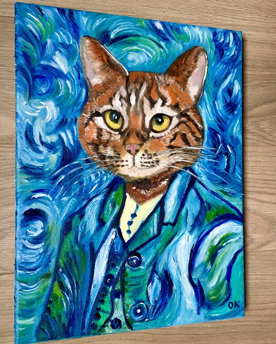 Cat Vincent Van Gogh inspired by his self-portrait on blue variations