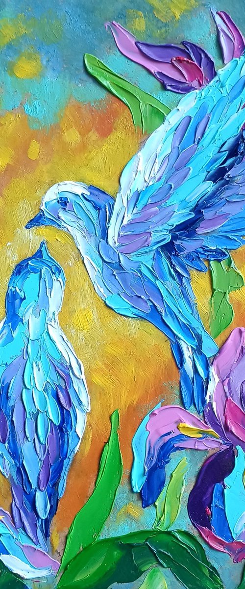 Dance and love - love, birds, bird, love, irises, flowers, oil painting, irises flowers, gift idea by Anastasia Kozorez