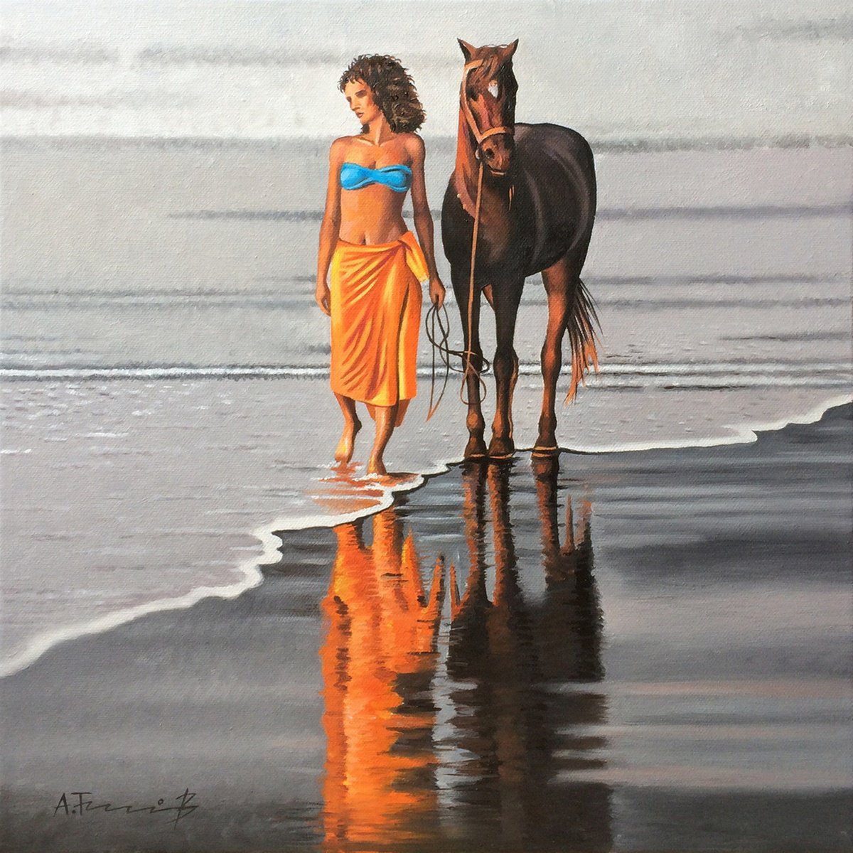 Photorealistic Landscape Oil Painting By Alexander Titorenkov, 16 X 16, Walking On The Beach, Original Artwork