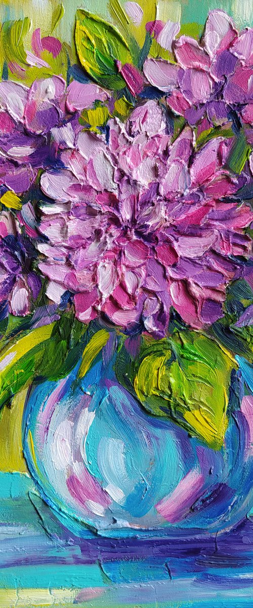 Hydrangeas flowers - oil painting, texture paste, flowers, bouquet of flowers, gift for woman, flowers in vase by Anastasia Kozorez