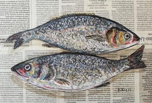 "Scaled Sea Brass Fishes on Newspaper" Original Oil on Canvas Board Painting 12 by 8 inches (30x20 cm) by Katia Ricci