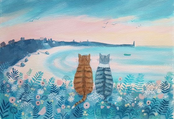 Cats at Dusk- cat painting- cat artwork