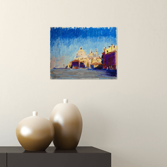 Venice in a morning light. Dreams about Italy series. Oil pastel painting. Original venice italy old town tower urban street landscape interior decor small canal blue sea