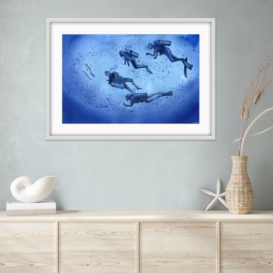 A group of divers deep underwater. Original artwork.