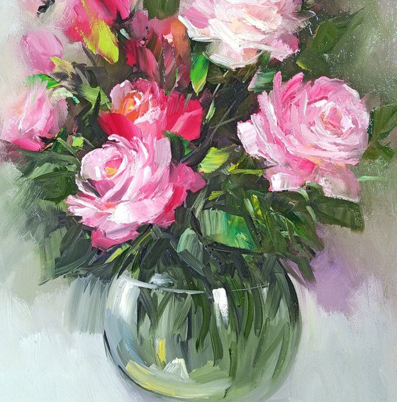 Pink roses  (50x40cm, oil painting, ready to hang)
