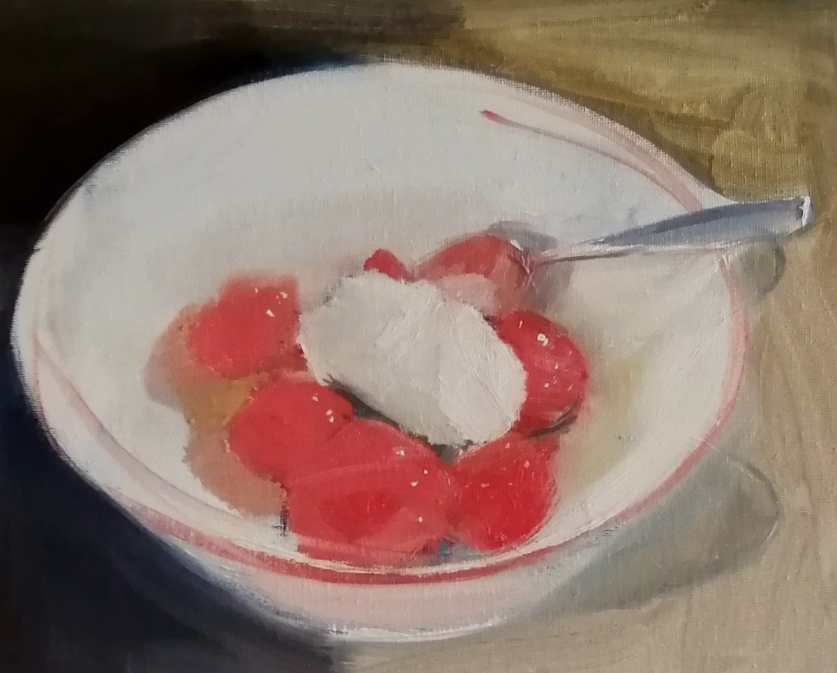Still Life Oil Painting By Rosemary Burn, 12 X 10", Strawberries And Cream, Original Artwork