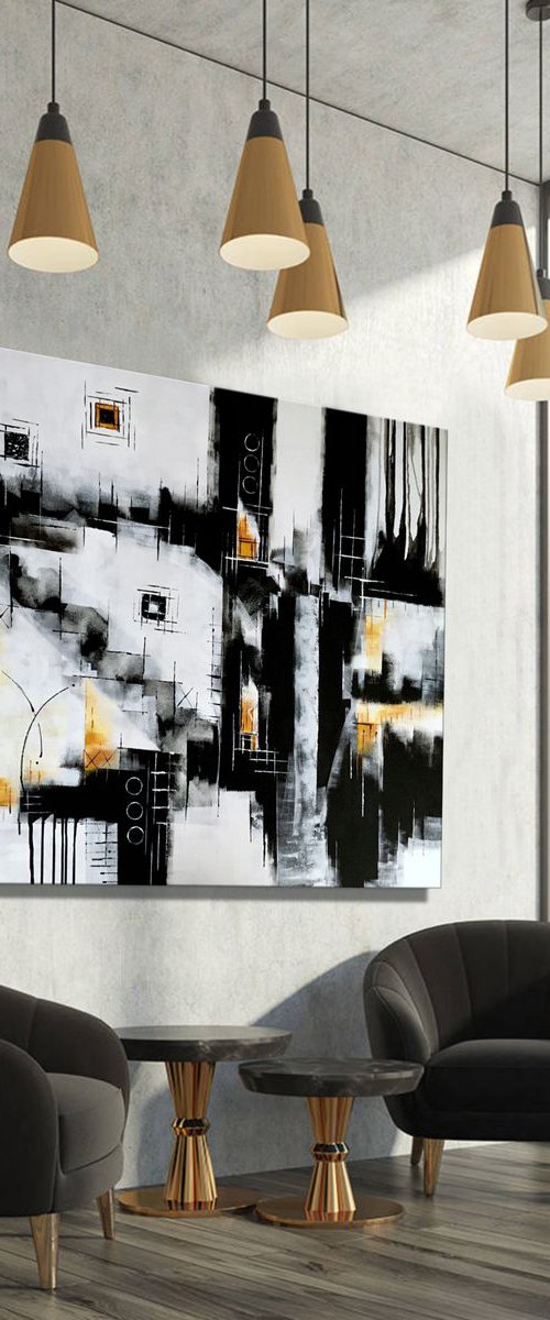 Awakening from the Dream - XL Large abstract art – Black & White Art - Expressions of energy and light. by Julijana Ravbar