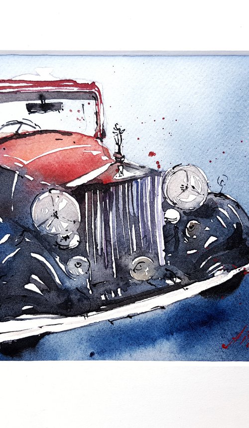 Oldtimer retro car.  Original watercolor picture. by Marina Abramova