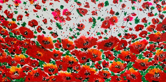 71''x 35''(180 x 90 cm), Garden of Joy 28, art, red green flowers, peony, roses, poppy  original acrylic canvas art, ready to hang