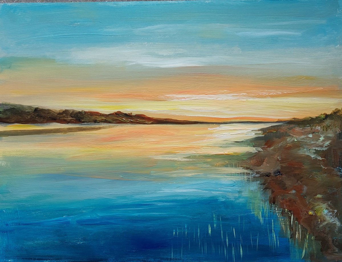 Impressionistic Landscape Acrylic Painting By Els Driesen, 16 X 12, River Sunset, Original Artwork