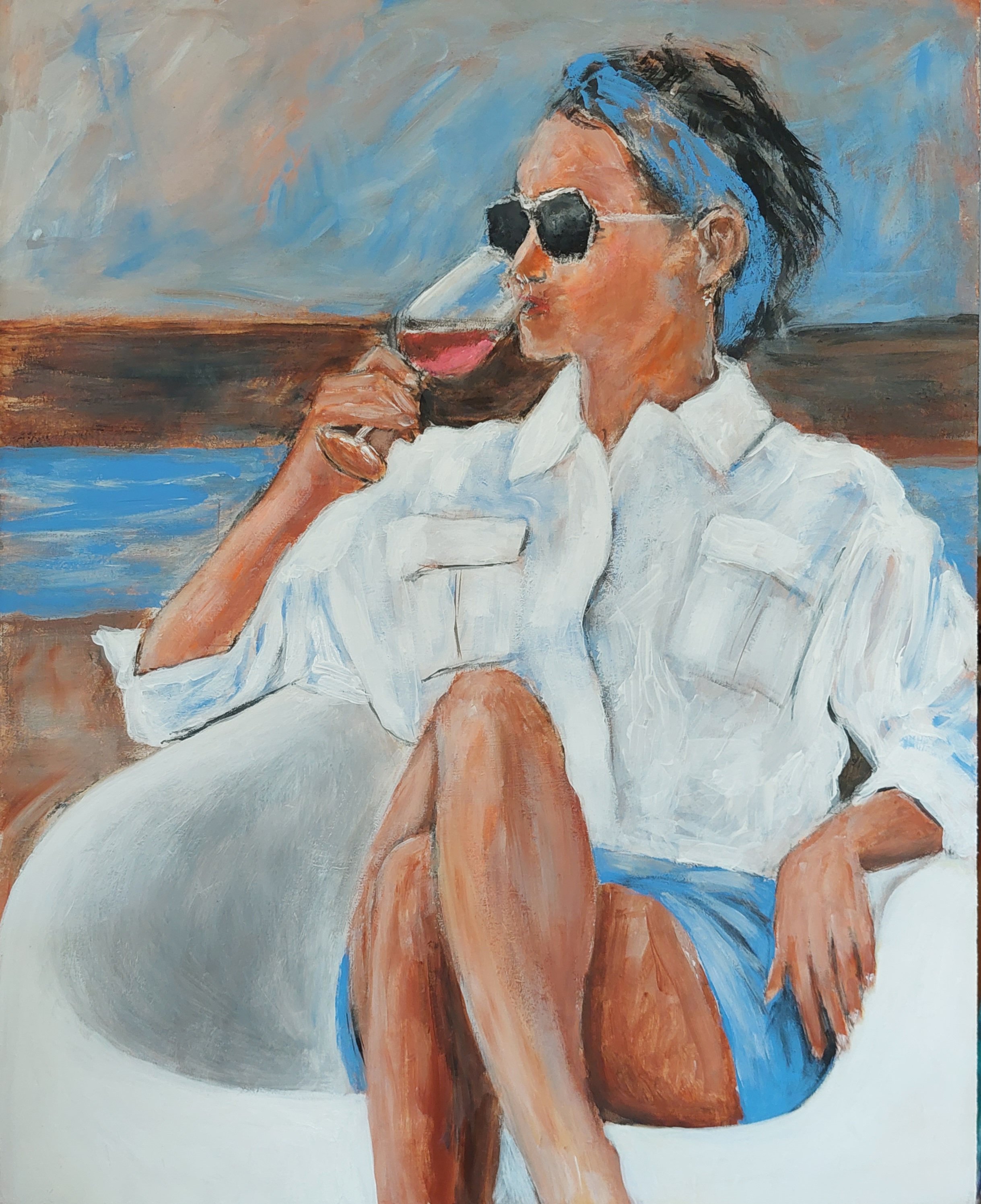 Impressionistic Portrait Acrylic Painting By Els Driesen, 17 X 21, Summer Breeze, Original Artwork