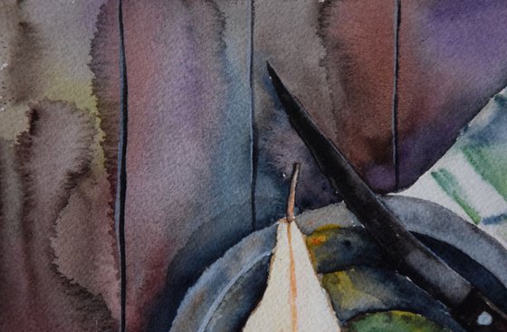 Watercolor painting Still life with pears and knife on a plate