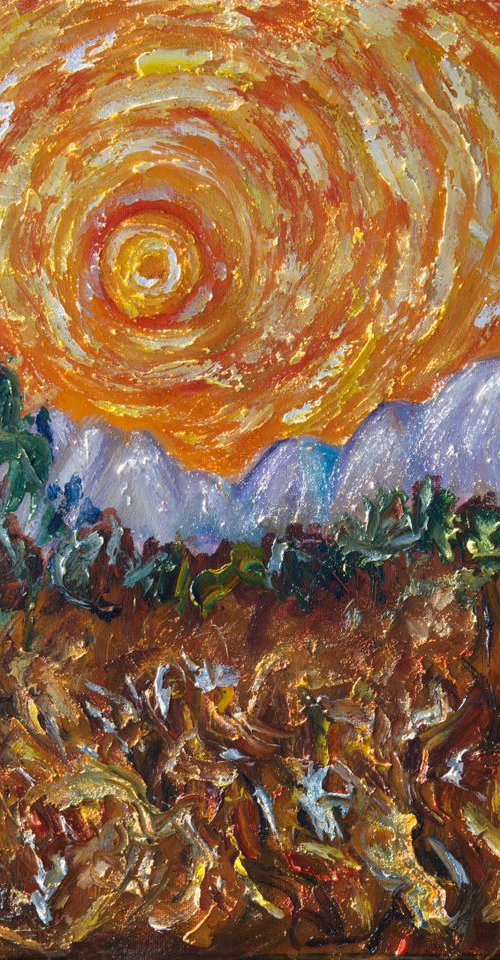 Trees, Yellow Sky and Sun Inspired by Vincent Van Gogh's Painting  20""X16"X0.5" by Lena Owens at OLena Art
