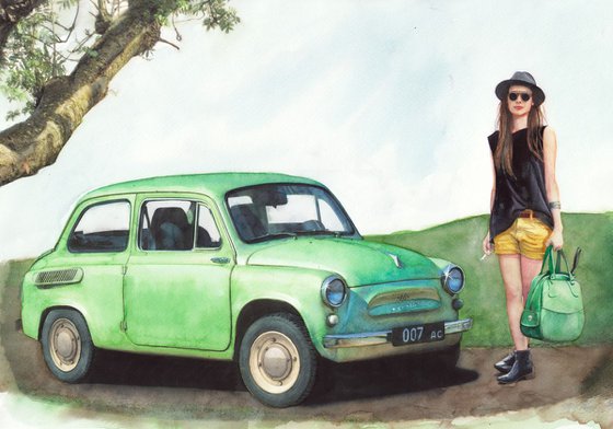 Retro Green Car, Girl with Sunglasses and Green Bag