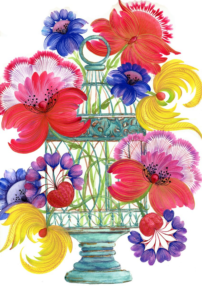 Bird cage with a bouquet of bright wild flowers by Tetiana Savchenko
