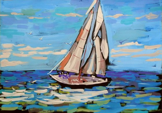 Yacht, original painting 70x50 cm