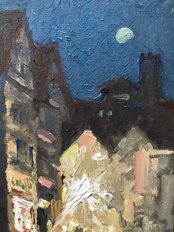 Original Oil Painting Wall Art Signed unframed Hand Made Jixiang Dong Canvas 25cm × 20cm Cityscape One Night in Tübingen Small Impressionism Impasto