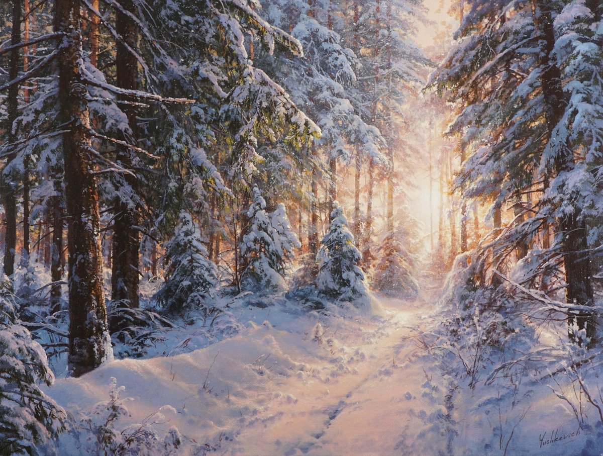 Photorealistic Landscape Acrylic Painting By Viktar Yushkevich Yuvart, 31 X 24", Silence Of The Winter Forest, Original Artwork