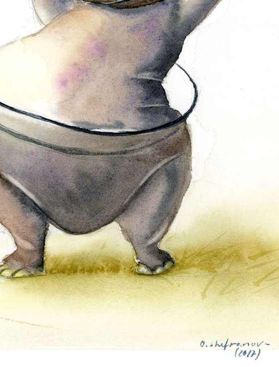 Dancing Hippo (Mounted original watercolor artwork)
