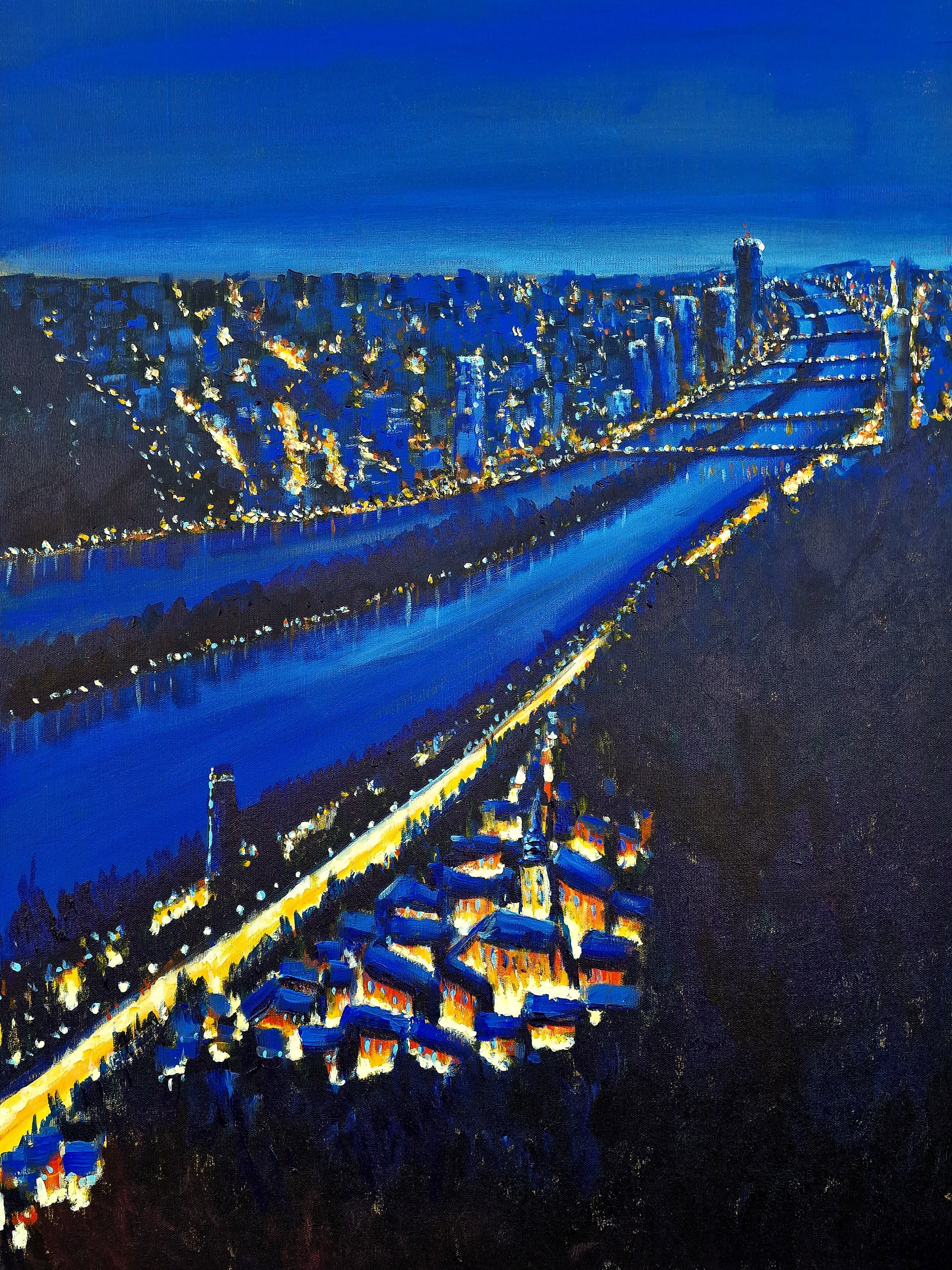 Impressionistic Landscape Acrylic Painting By Danijela Dan, 24 X 31, Night Over Vienna, Original Artwork
