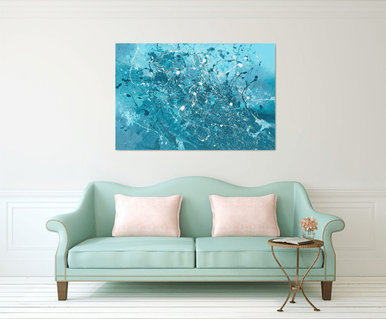 Splashy Waves 10 - XXL LARGE ABSTRACT TURQUOISE PAINTING, FULL OF MOVEMENT. LARGE STATEMENT PIECE, READY TO HANG!