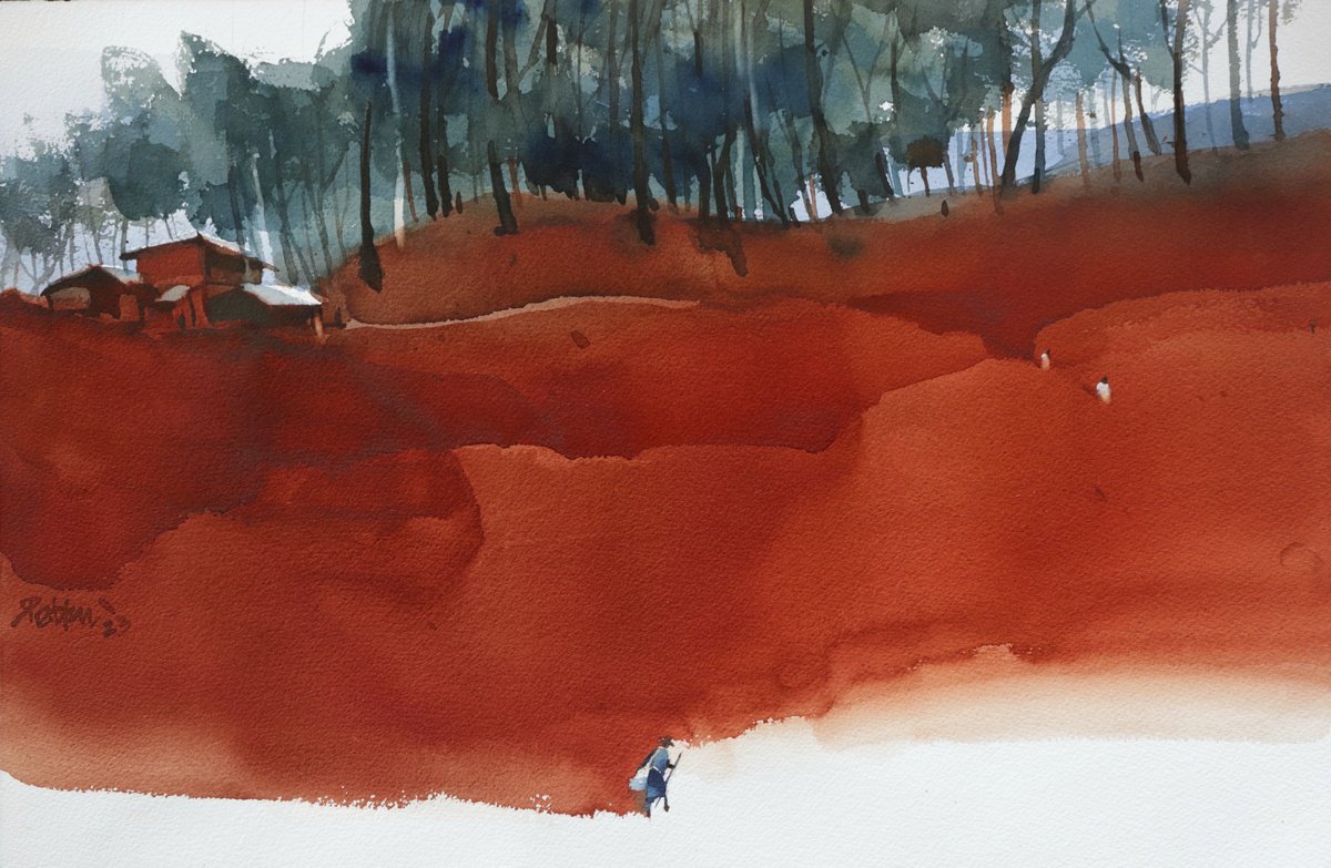 Impressionistic Landscape Watercolour By Prashant Prabhu, 22 X 15", Steps And Layers Of Red Earth, Original Artwork
