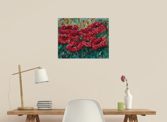 Decorative Modern Palette Knife Textured Painting of Fiery Meadow-Poppies 20" x 16" x 1.5"