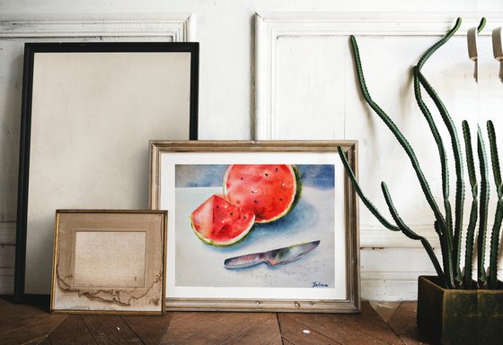 Watermelon and knife - original watercolor