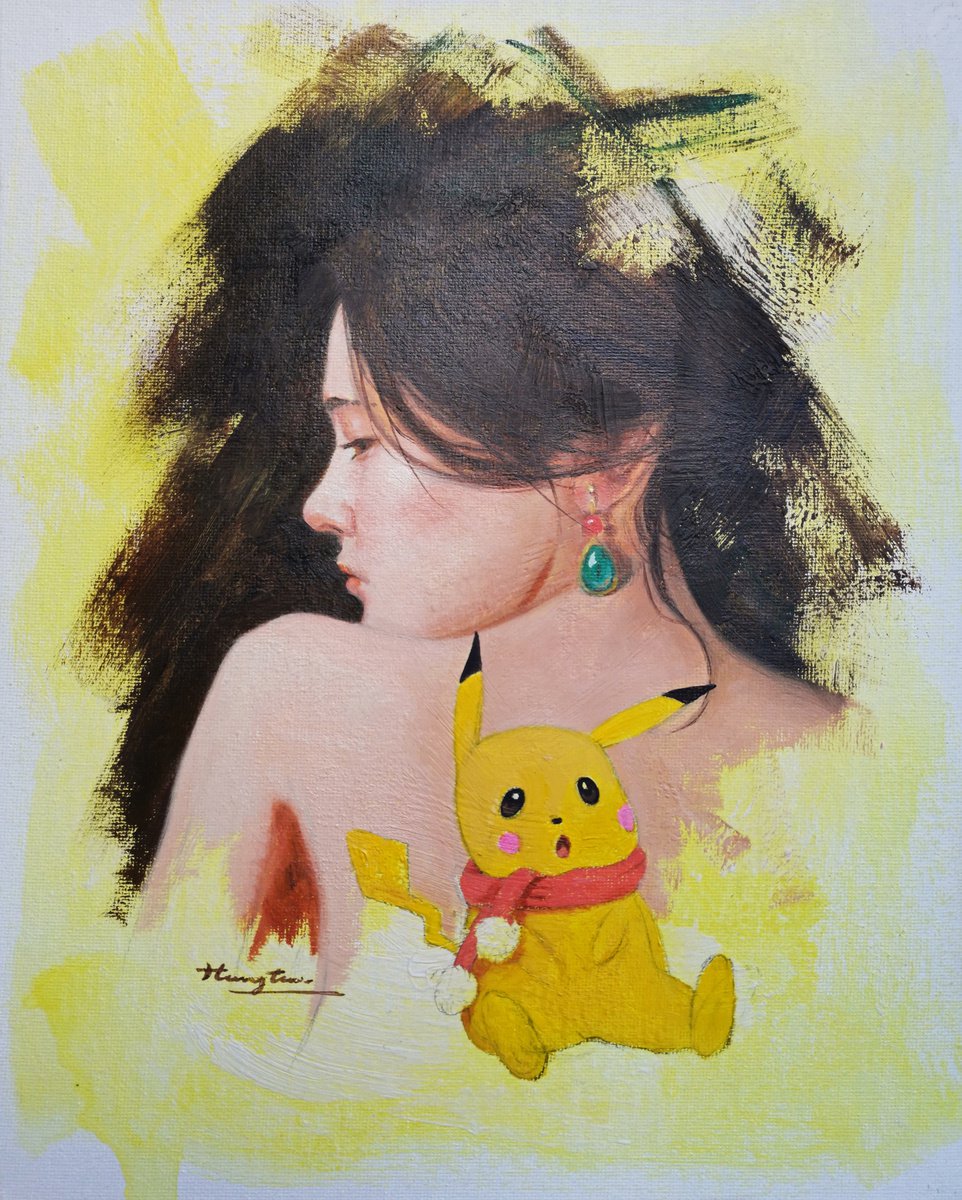 Urban And Pop Portrait Oil Painting By Hongtao Huang, 9 X 12, Pikachu