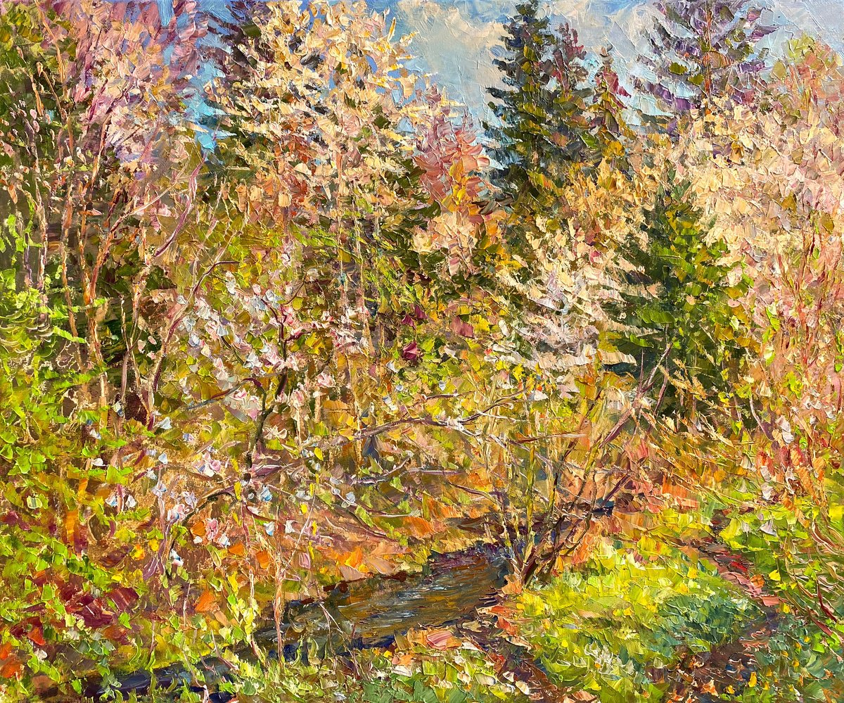 Impressionistic Landscape Oil Painting By Aleksandr Dubrovskyy, 24 X 20, Amid Hills And Wooded Slopes, Original Artwork