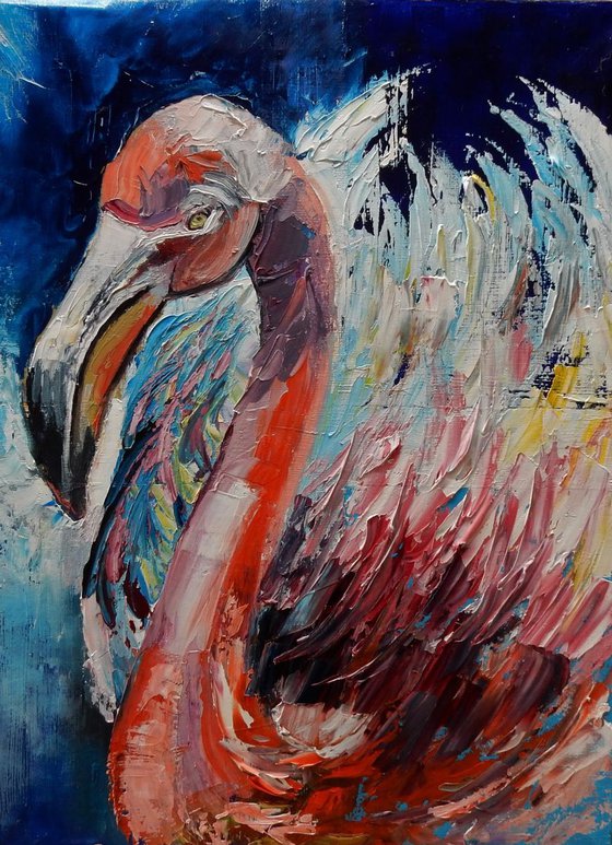 Swan. Colorful original oil painting. Palette knife, heavy tecstured bright art.