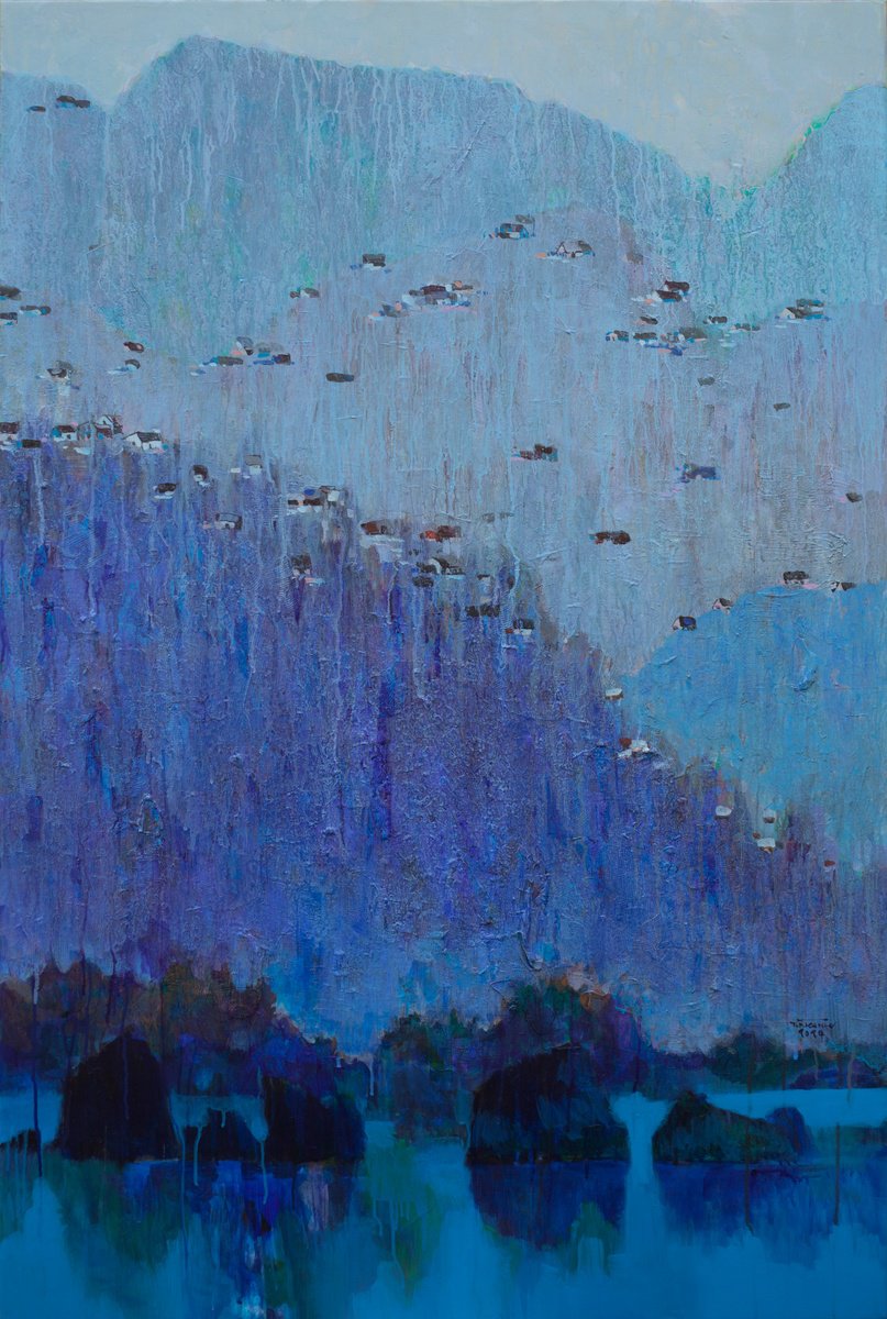 Expressive Landscape Acrylic Painting By The Khanh Bui, 31 X 47", "Bai Tho" Mountain, Original Artwork