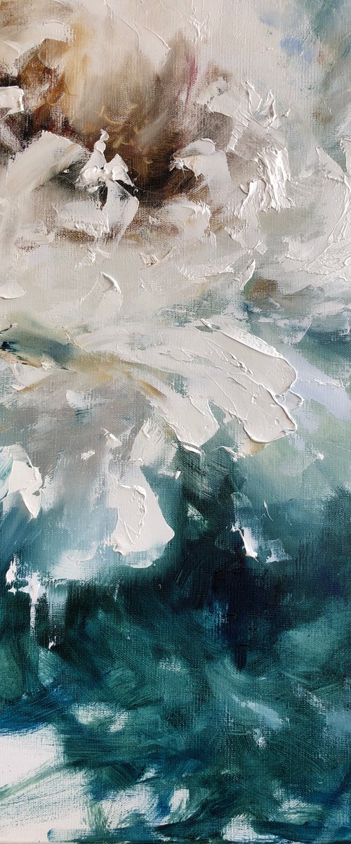 MISTY PEONY - Conceptual art. Abstraction. Floral. Macro. Emerland. Modern. White. Peony .Petals. Flower. Lush. by Marina Skromova