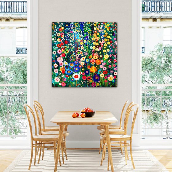 Klimt's garden. Colorful abstract floral painting with vivid flowers