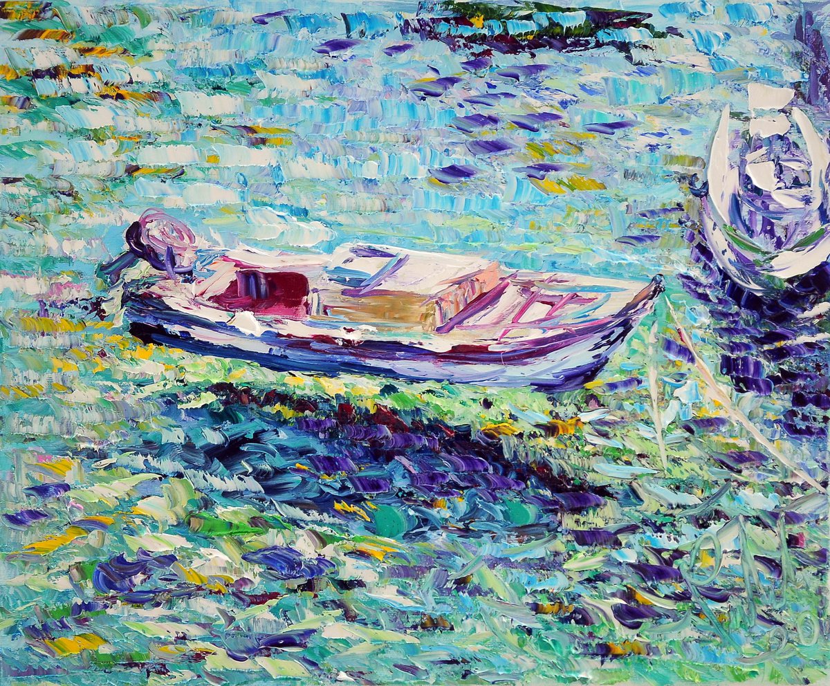 Impressionistic Landscape Oil Painting By Antonino Puliafico, 24 X 20, Trasparenza Con Barca, Original Artwork