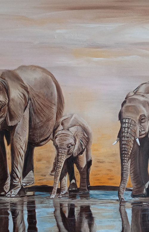 Elephants at the watering hole by Ira Whittaker