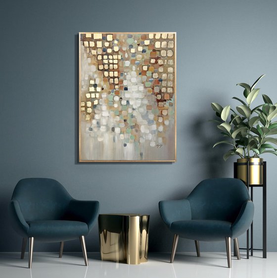 Mirage - Gold Cubes Abstract Painting, Gold Leaf Soft Pastel Colors, Original Painting, Modern Art, Living Room Decor Texture Acrylic Painting