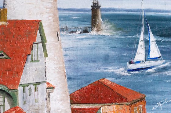 "Portland Lighthouse" Original oil painting landscape.