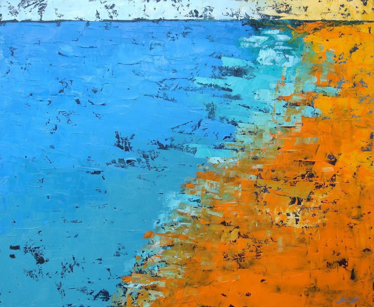 Abstract Landscape Oil Painting By Saroja Van Der Stegen, 26 X 21", Orange Beach (Ref#:1177-12F), Original Artwork