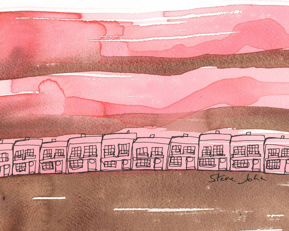 Terraced houses with strawberry pink and brown washes. Continuous Line Artwork by Steve John