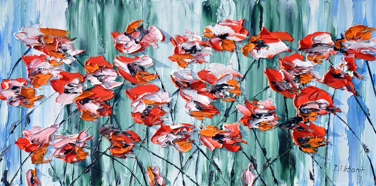 Impressionistic Botanical Oil Painting By Daniel Urbani?k, 16 X 8, A Meadow Full Of Poppies 5, Original Artwork