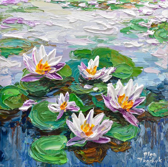 Water Lilies Pond - Impasto Floral Art, Palette Knife Painting